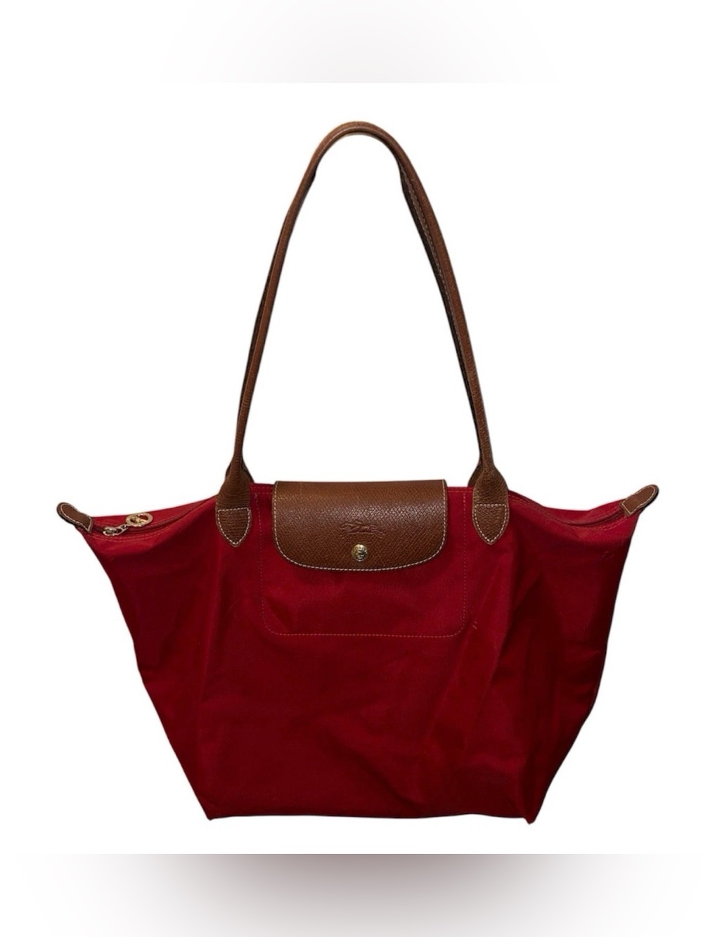 Longchamp Red/ Burgundy Tote Bag Brown Leather Handles Gold-Tone Hardware